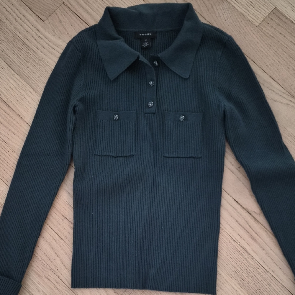 Talbots Teal Ribbed Polo Sweater with Pocket Details